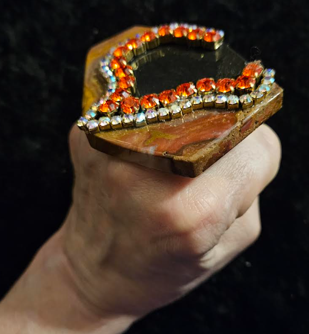 Polished Jasper Black & Red Brown Abstract Rhinestone Hand Ring, Ov