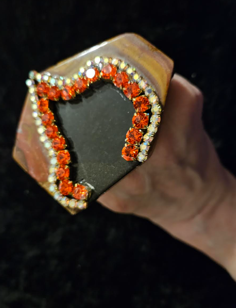 Polished Jasper Black & Red Brown Abstract Rhinestone Hand Ring, Ov