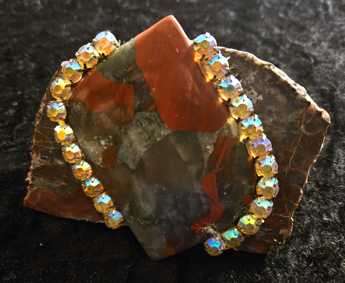 Rustic Jasper Slab Cabochon & Rhinestone Adjustable Statement Ring,