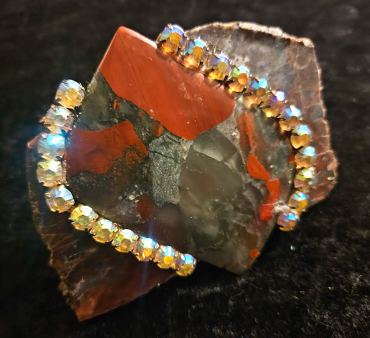 Rustic Jasper Slab Cabochon & Rhinestone Adjustable Statement Ring,