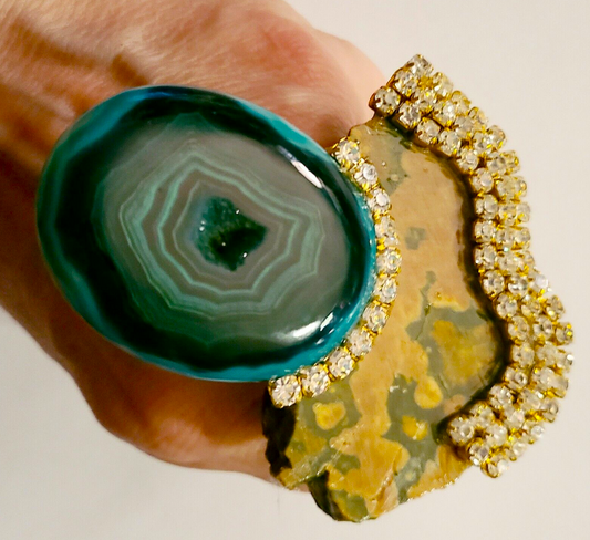 Ocean Jasper Slab Green Druzy Agate Adjustable Hand Ring, Finger Ca