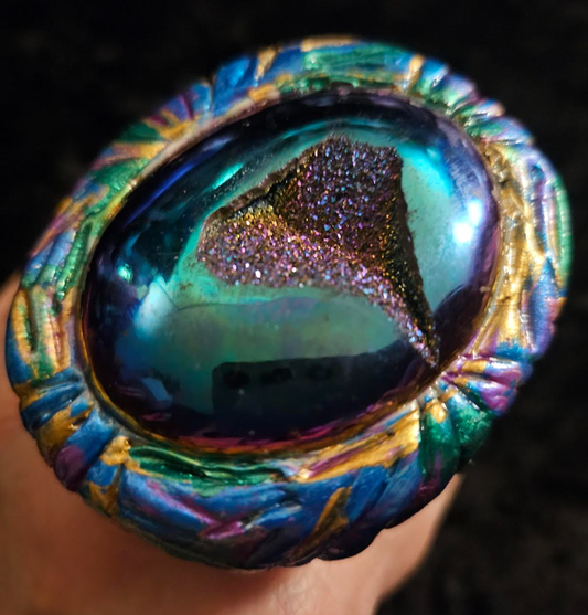 Titanium Druzy Sculpted Statement Ring, Purple Blue Flash Finger Ca