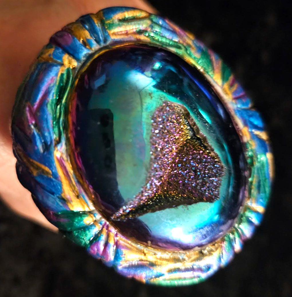 Titanium Druzy Sculpted Statement Ring, Purple Blue Flash Finger Ca