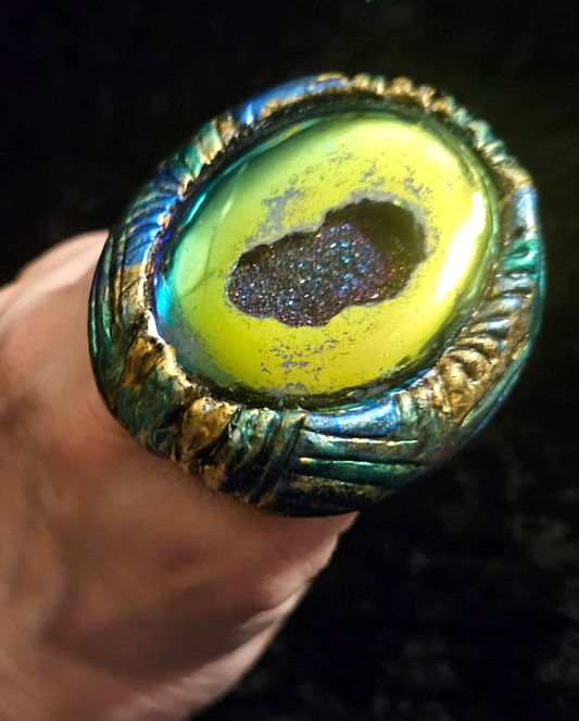 Green Yellow Titanium Druzy Agate Sculpted Statement Ring, Flashy J