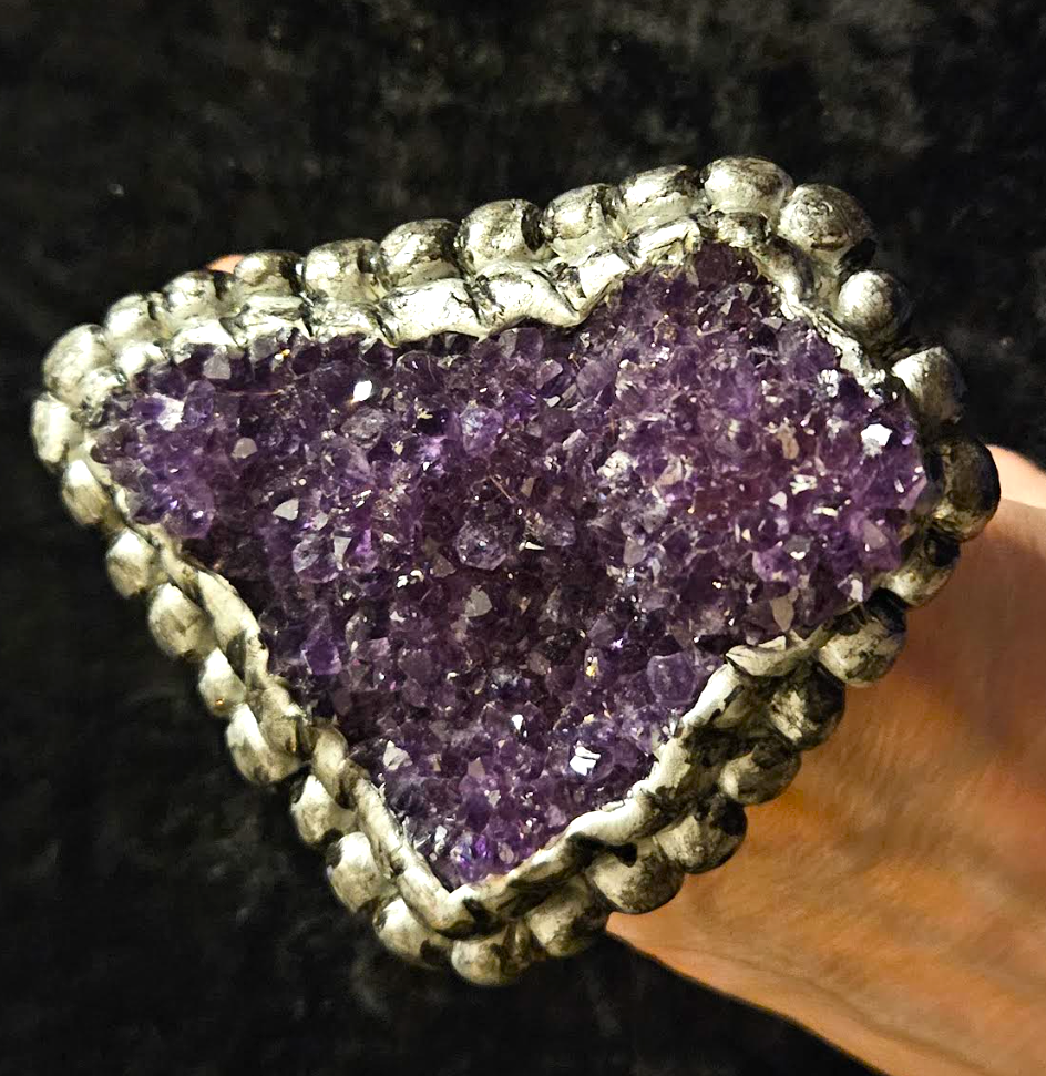 Rough Amethyst Sculpted 2 Finger Hand Ring, Purple Crystals