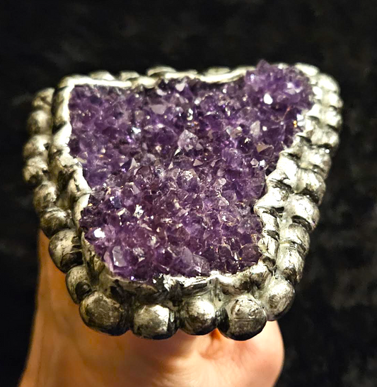 Rough Amethyst Sculpted 2 Finger Hand Ring, Purple Crystals