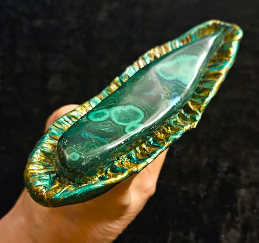 Sculpted Malachite Oversized Hand Ring, Green Gemstone Avant Garde