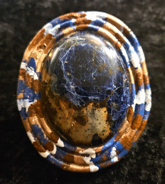Sodalite Dome Sculpted Two Finger Hand Ring, Blue White Brown Overs