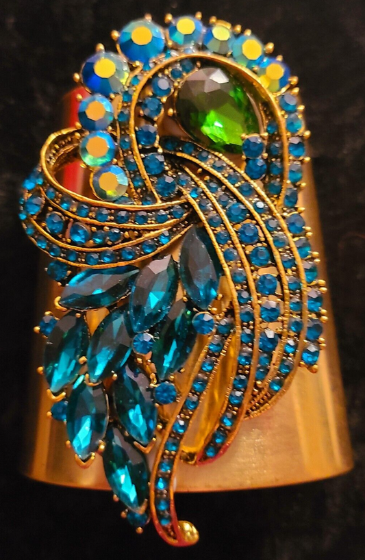 Wide Brass Cuff With Blue Green Aurora Borealis Rhinestone Jewel