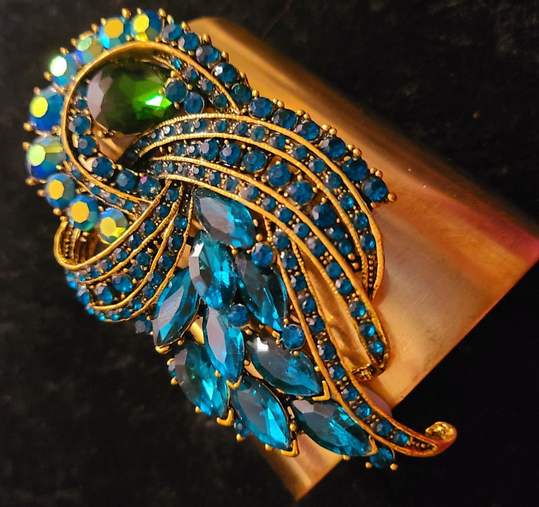 Wide Brass Cuff With Blue Green Aurora Borealis Rhinestone Jewel