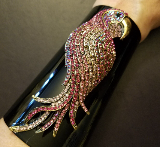 Wide Black Cuff With Hot Pink Rhinestone Parrot Jewel - Wrist Candy