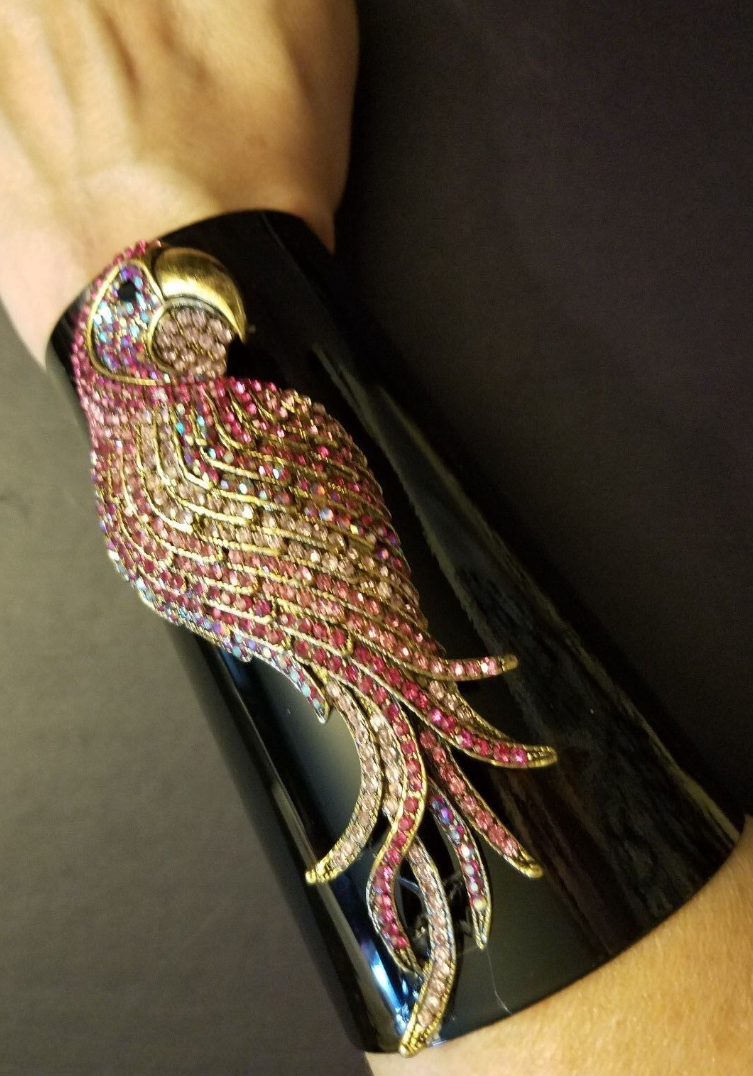 Wide Black Cuff With Hot Pink Rhinestone Parrot Jewel - Wrist Candy