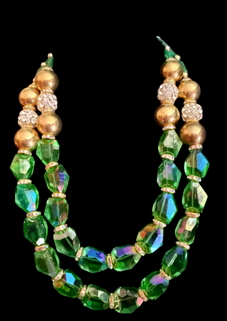 Faceted Glass, Brass & Rhinestone Ball Elegant Statement Bib Necklace