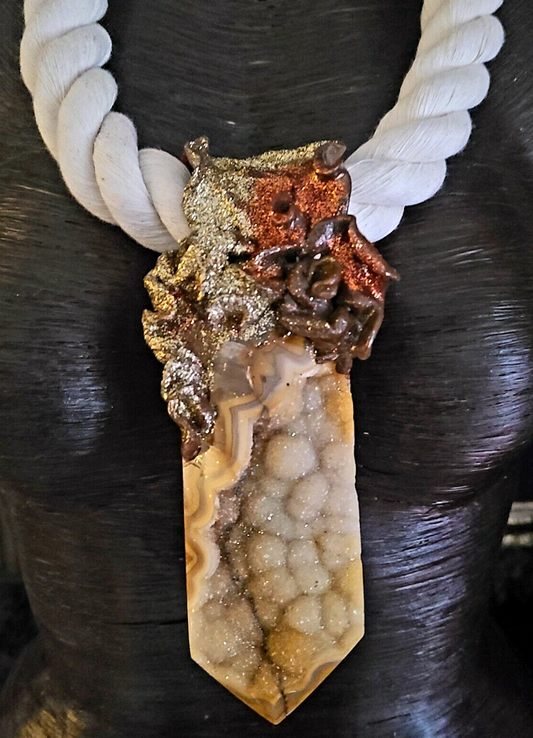 Druzy Agate Tower Rope Statement Gemstone Pendant Unisex, Jewelry Boho