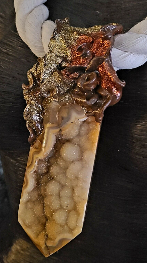 Druzy Agate Tower Rope Statement Gemstone Pendant Unisex, Jewelry Boho