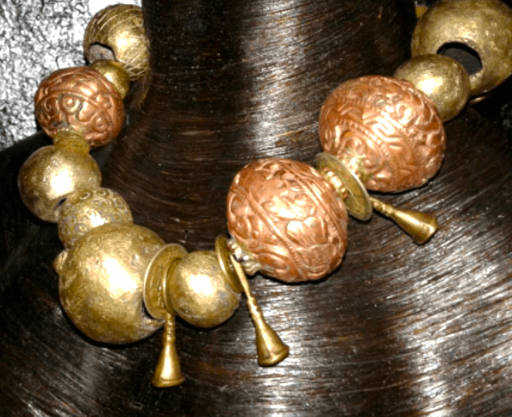 African Oversized Copper & Brass Beaded Tribal Statement Necklace, Ethnic Haute Couture Neck Candy