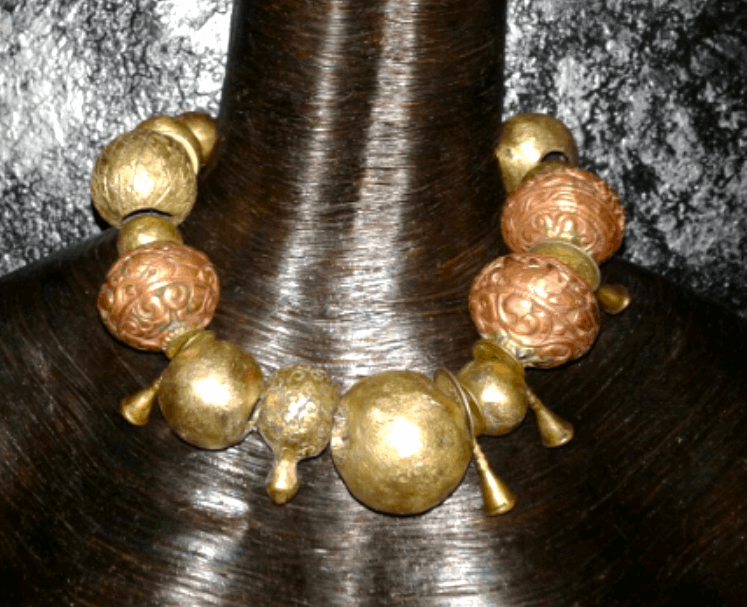 African Oversized Copper & Brass Beaded Tribal Statement Necklace, Ethnic Haute Couture Neck Candy