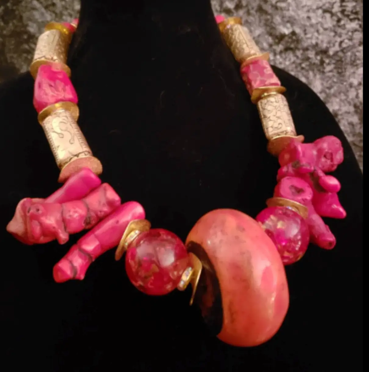 Huge coral & Resin Socialite Statement Luxury Necklace, Bold Chunky He