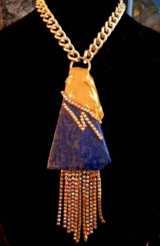 Sculpted Lapis Lazuli & Rhinestone Art Deco Gemstone Pendant, Blue Gol