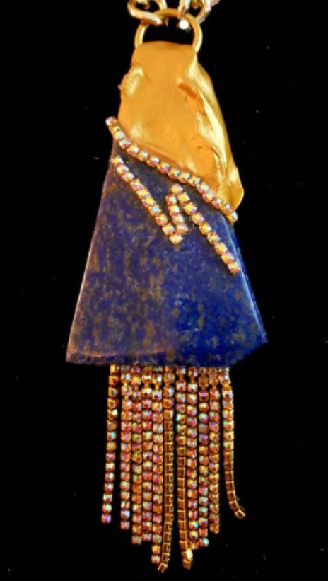 Sculpted Lapis Lazuli & Rhinestone Art Deco Gemstone Pendant, Blue Gol