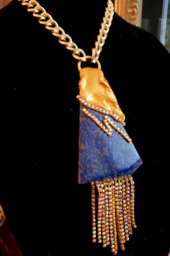 Sculpted Lapis Lazuli & Rhinestone Art Deco Gemstone Pendant, Blue Gol