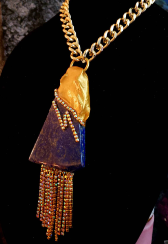 Sculpted Lapis Lazuli & Rhinestone Art Deco Gemstone Pendant, Blue Gol