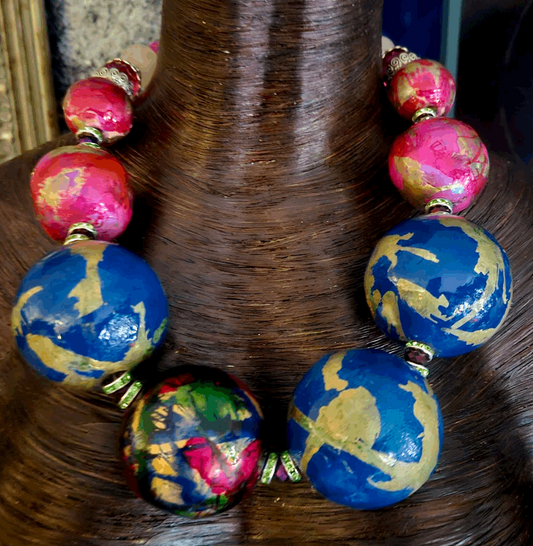 Abstract Hand Painted Oversized Beaded Art Necklace, Tropical Melange Neck Candy, Colorful Orb Neck Piece