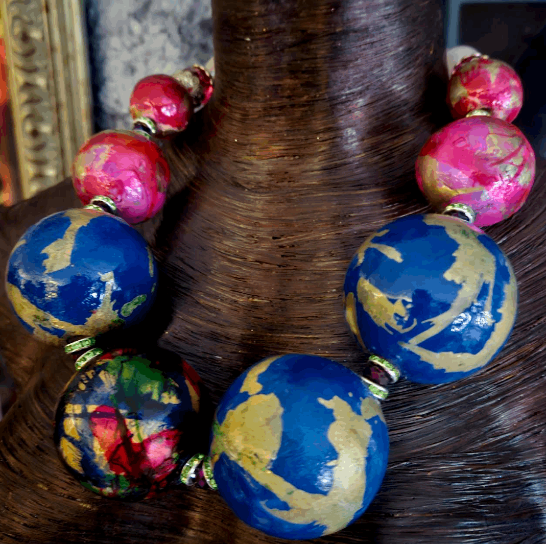 Abstract Hand Painted Oversized Beaded Art Necklace, Tropical Melange Neck Candy, Colorful Orb Neck Piece
