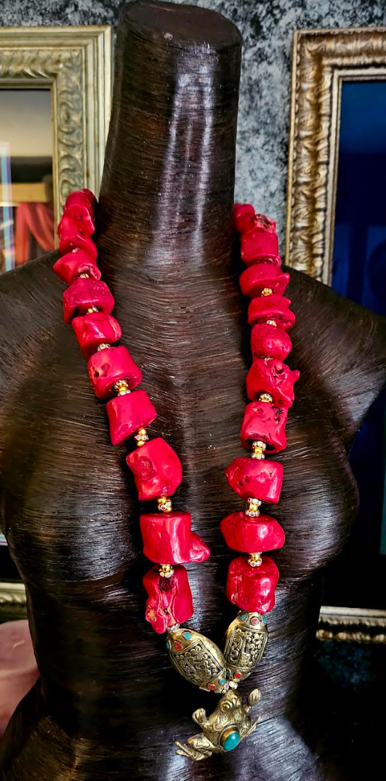 Chunky Red Branch Coral Nugget Rope & Tibetan Frog Gemstone Pendant
