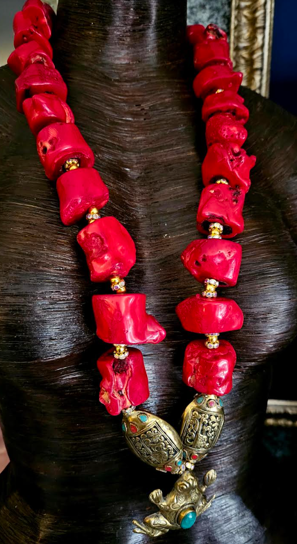 Chunky Red Branch Coral Nugget Rope & Tibetan Frog Gemstone Pendant