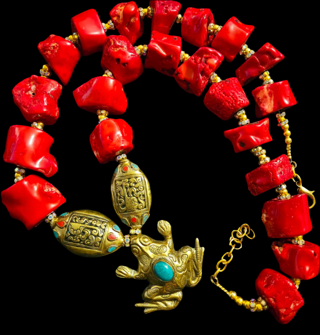 Chunky Red Branch Coral Nugget Rope & Tibetan Frog Gemstone Pendant