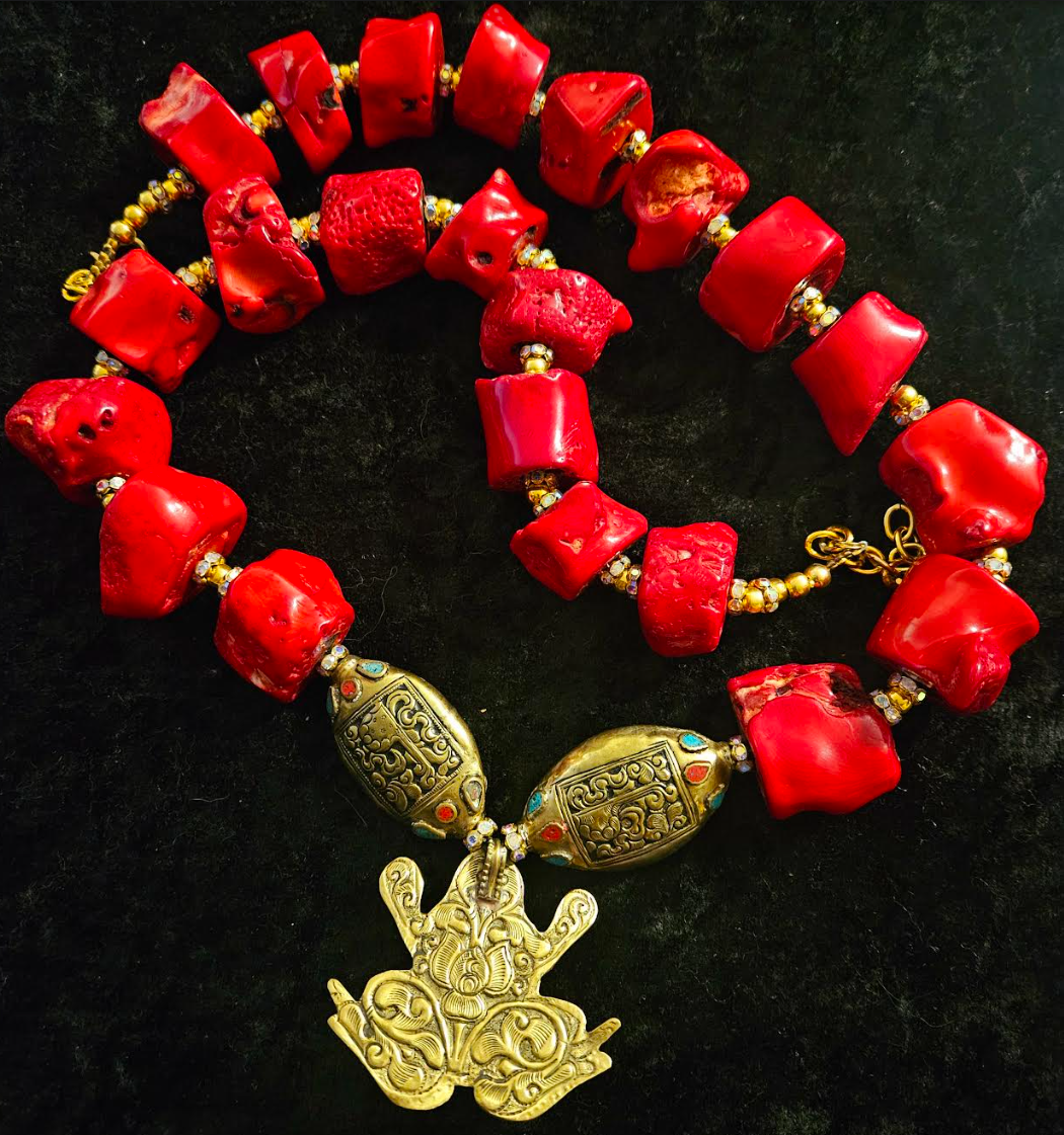 Chunky Red Branch Coral Nugget Rope & Tibetan Frog Gemstone Pendant