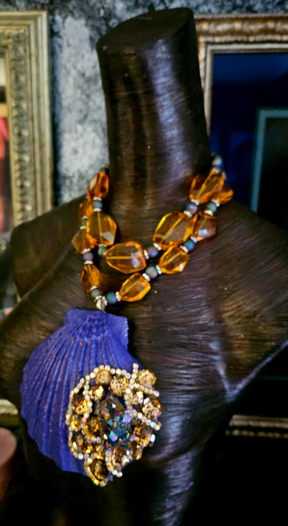 Purple Bejeweled Shell Statement Gemstone Pendant With Faceted Citrine