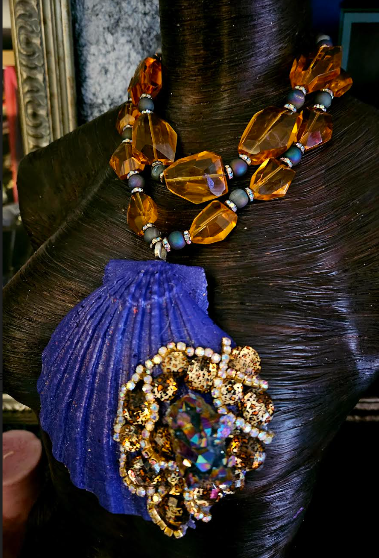 Purple Bejeweled Shell Statement Gemstone Pendant With Faceted Citrine