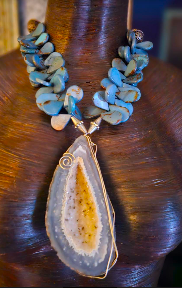 Druzy Geode Wire Wrapped Statement Pendant - Jasper Teardrop Necklace