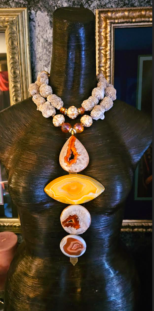 Desert Rose Agate Totem Gemstone Chest Piece, OOAK Art to Wear Stat