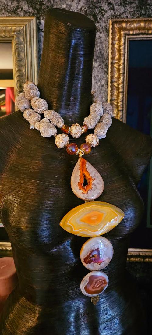 Desert Rose Agate Totem Gemstone Chest Piece, OOAK Art to Wear Stat
