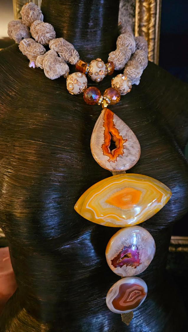 Desert Rose Agate Totem Gemstone Chest Piece, OOAK Art to Wear Stat