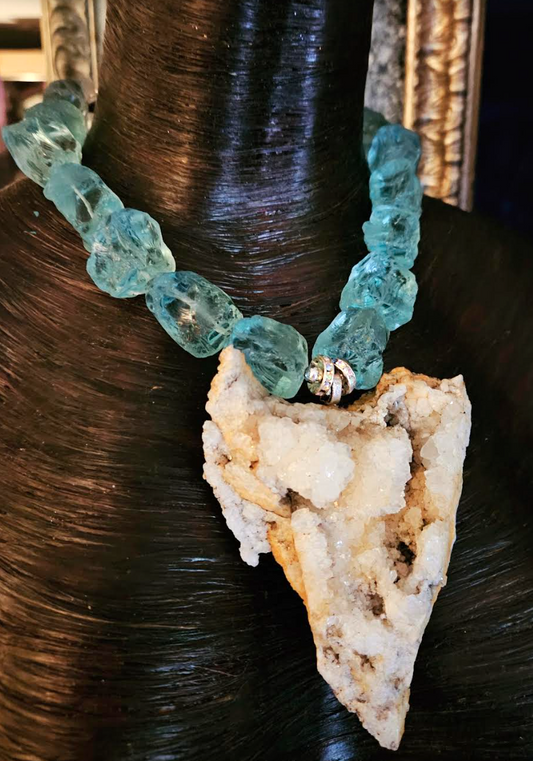 Druzy Crystal Gemstone Pendant On Faceted Aquamarine Rough Glass Luxur