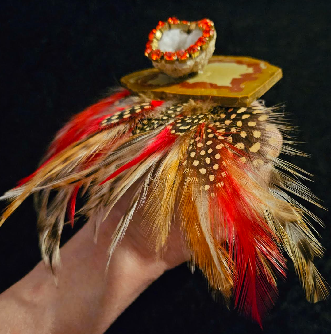 Gemstone & Feather Adjustable Avant Garde Hand Statement Ring - Editorial