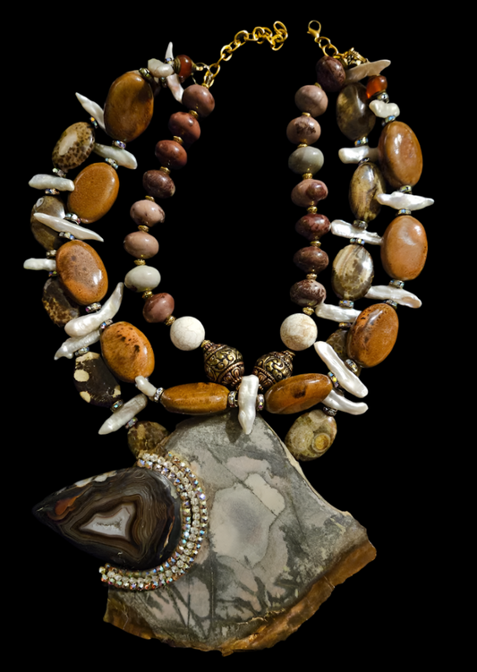 Earthy Jasper Slab & Druzy Agate Statement Pendant - Mixed Media Necklace