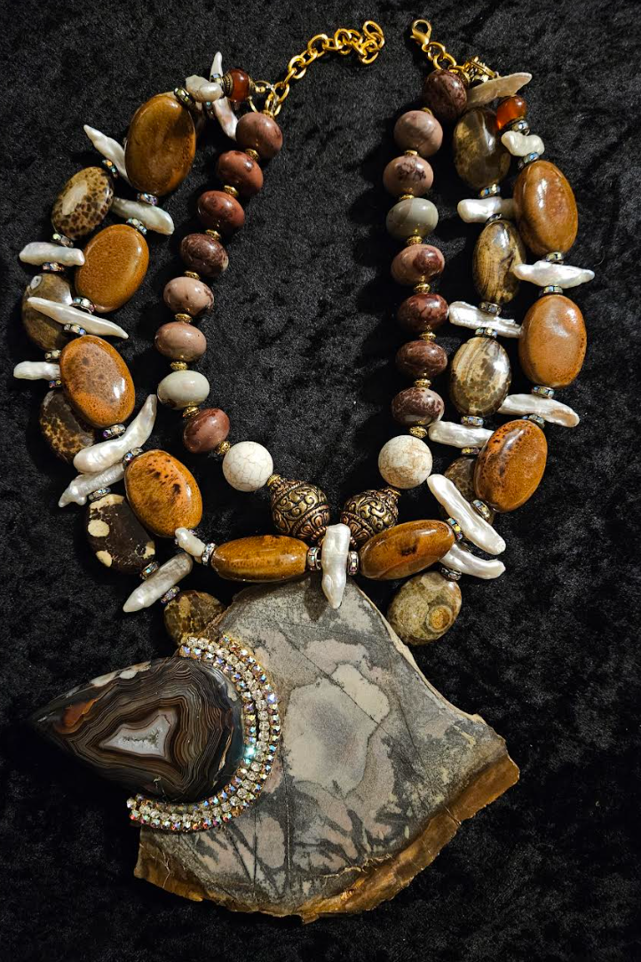 Earth Tone Bead Freshwater Pearl & Porcelain Statement Luxury Necklace