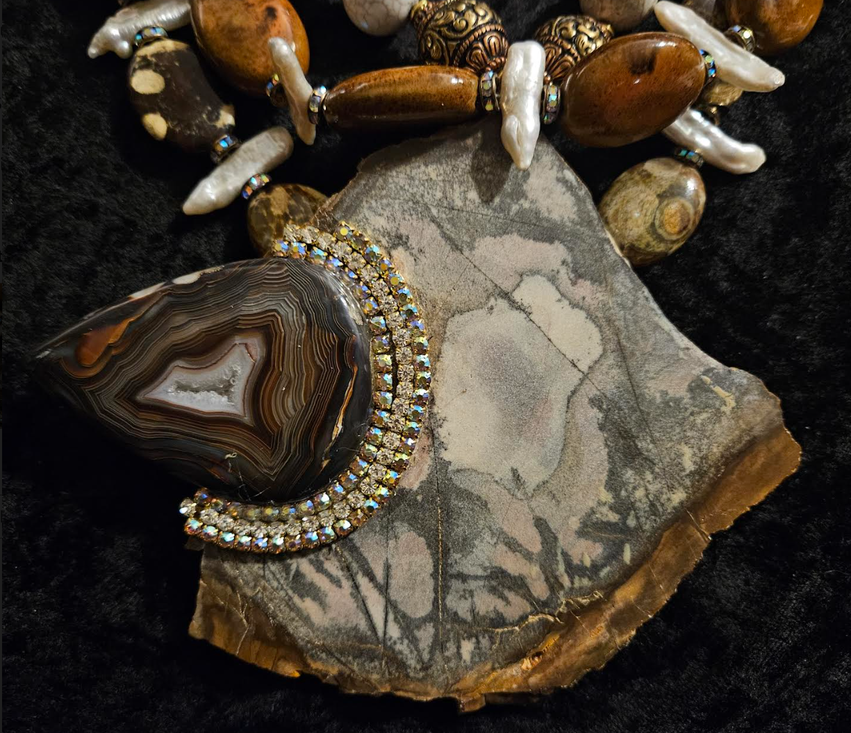 Earth Tone Bead Freshwater Pearl & Porcelain Statement Luxury Necklace