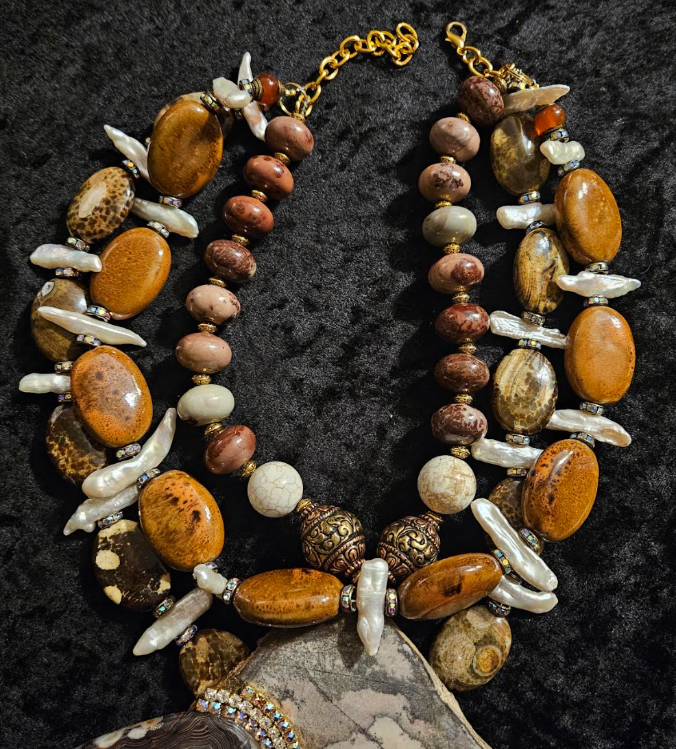 Earth Tone Bead Freshwater Pearl & Porcelain Statement Luxury Necklace