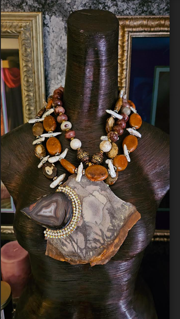Earth Tone Bead Freshwater Pearl & Porcelain Statement Luxury Necklace