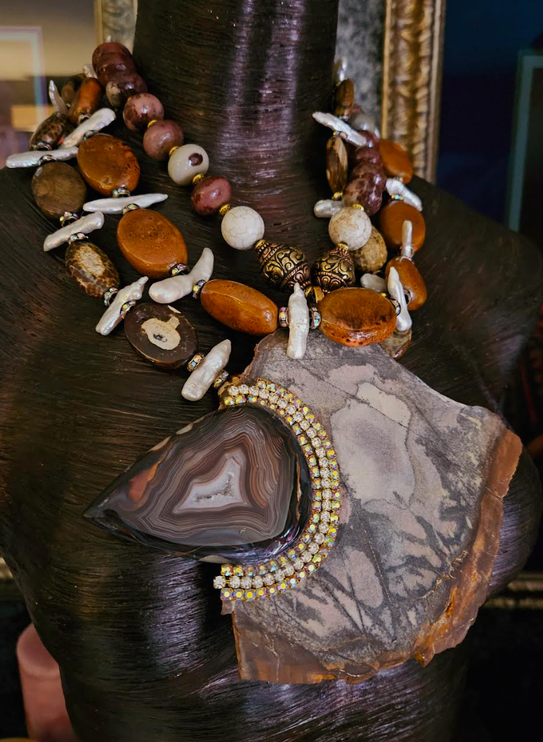 Earth Tone Bead Freshwater Pearl & Porcelain Statement Luxury Necklace