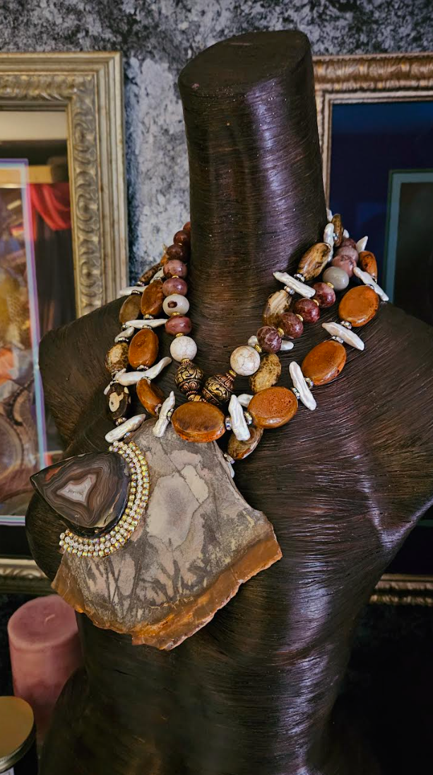 Earth Tone Bead Freshwater Pearl & Porcelain Statement Luxury Necklace