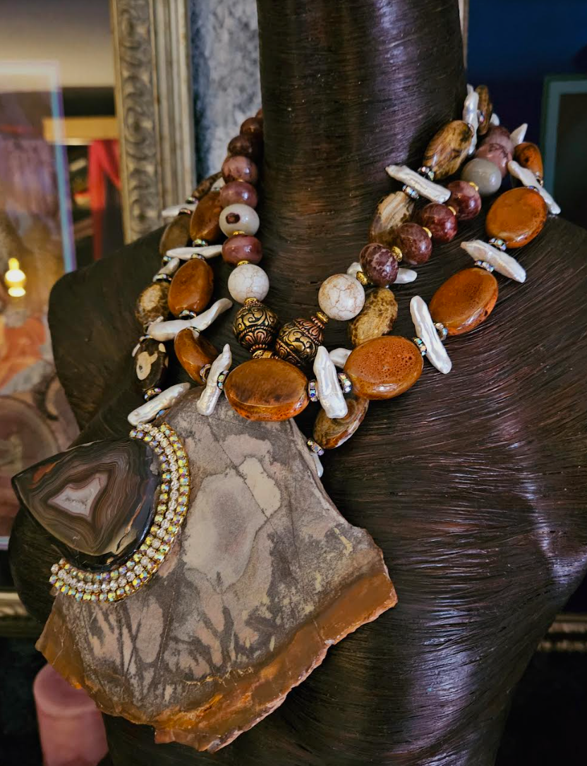 Earth Tone Bead Freshwater Pearl & Porcelain Statement Luxury Necklace