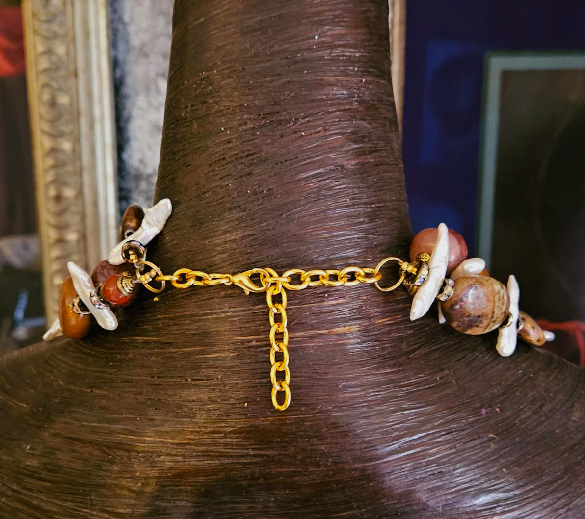 Earth Tone Bead Freshwater Pearl & Porcelain Statement Luxury Necklace