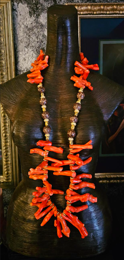 Orange Branch Coral & Leopard Bead Rope Luxury Necklace - Photoshoot